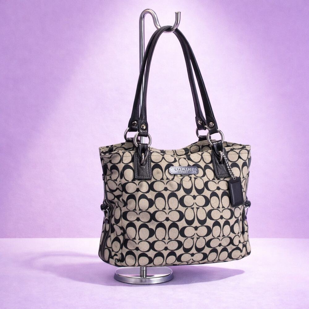 SOLD Coach Gallery Signature Logo NS Zip Tote Bag in Black and Khaki.